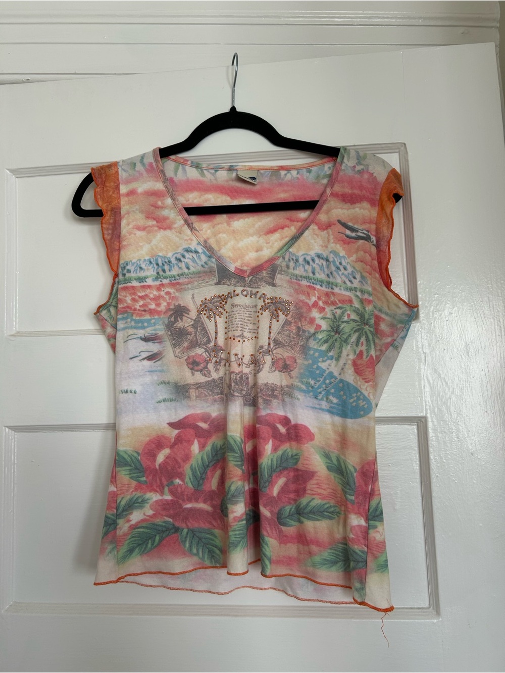ONE WORLD V-Neck Tropical Floral Tank Top - Pink, Green, Blue